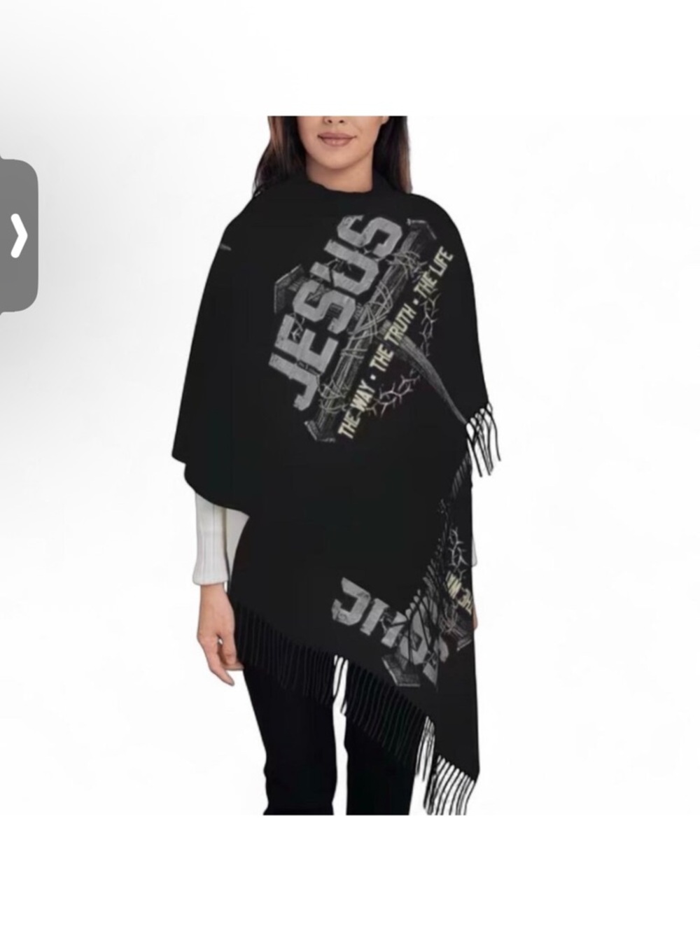 Faith-Inspired Black Fringe Poncho Wrap with JESUS Graphic